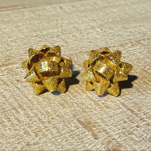 Christmas Jewelry - Gold Glitter Metal Christmas Bow Earrings